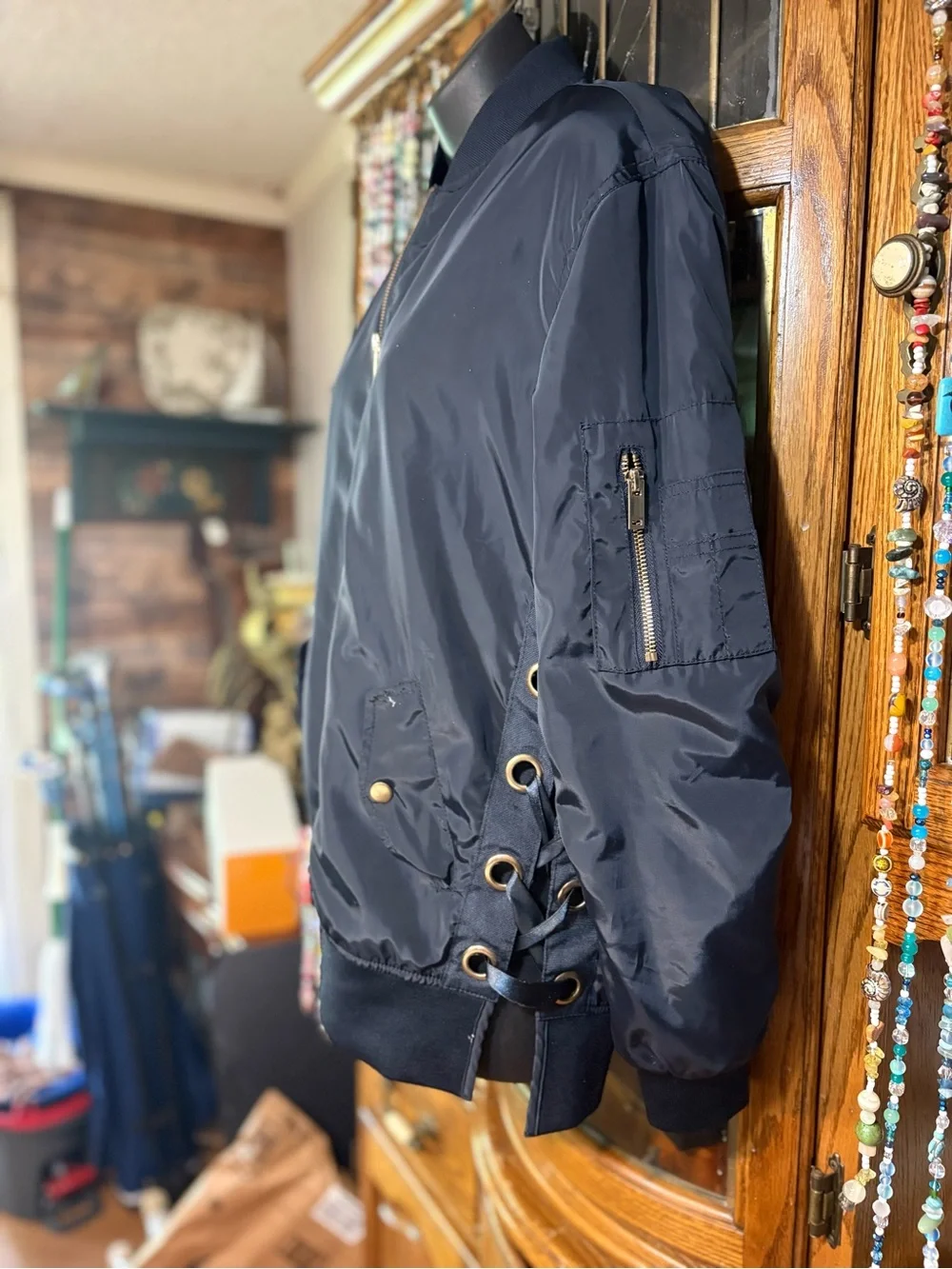 Ci Sono bomber jacket lace-up side design oversized metal grommets  blue small - Picture 5 of 10